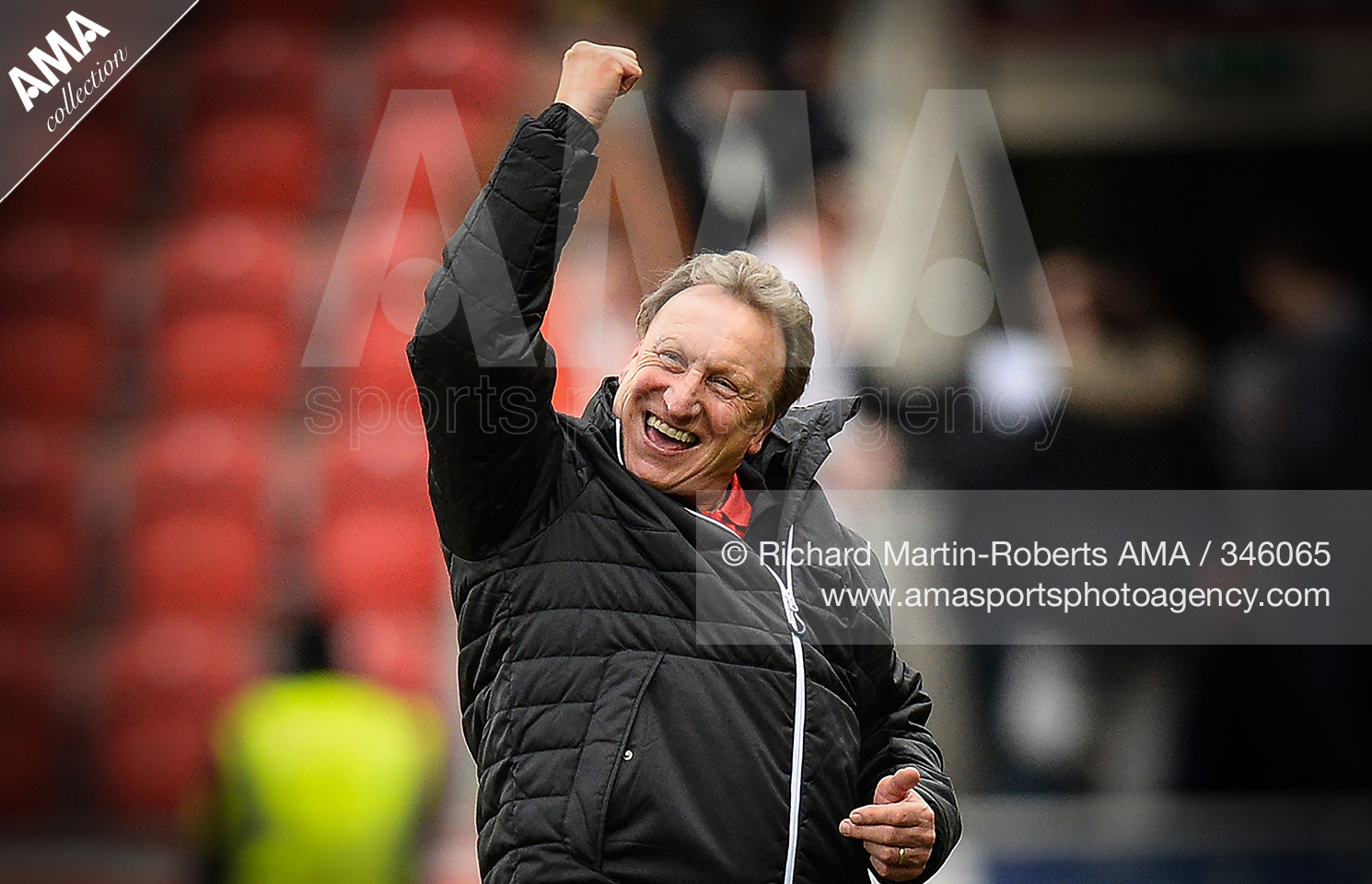 12 March 2016 Sky Bet Championship - Rotherham United v Derby County - Rotherham United Manager Neil Warnock celebrates as his team comes back to draw 3-3 © Richard Martin-Roberts / AMA 346065